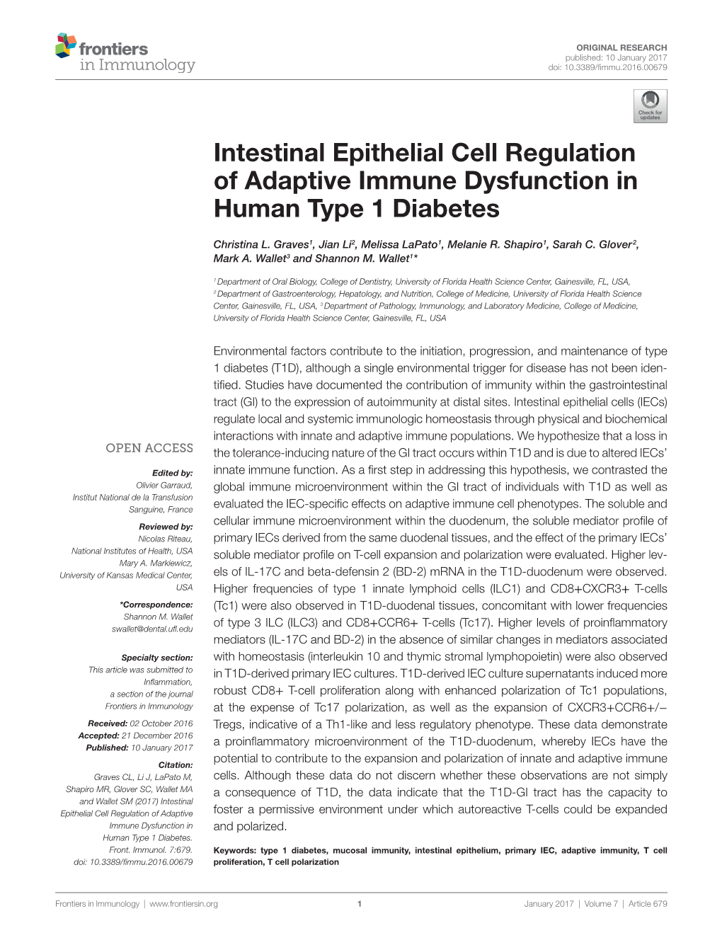 Intestinal Epithelial Cell Regulation of Adaptive Immune Dysfunction in Human Type 1 Diabetes