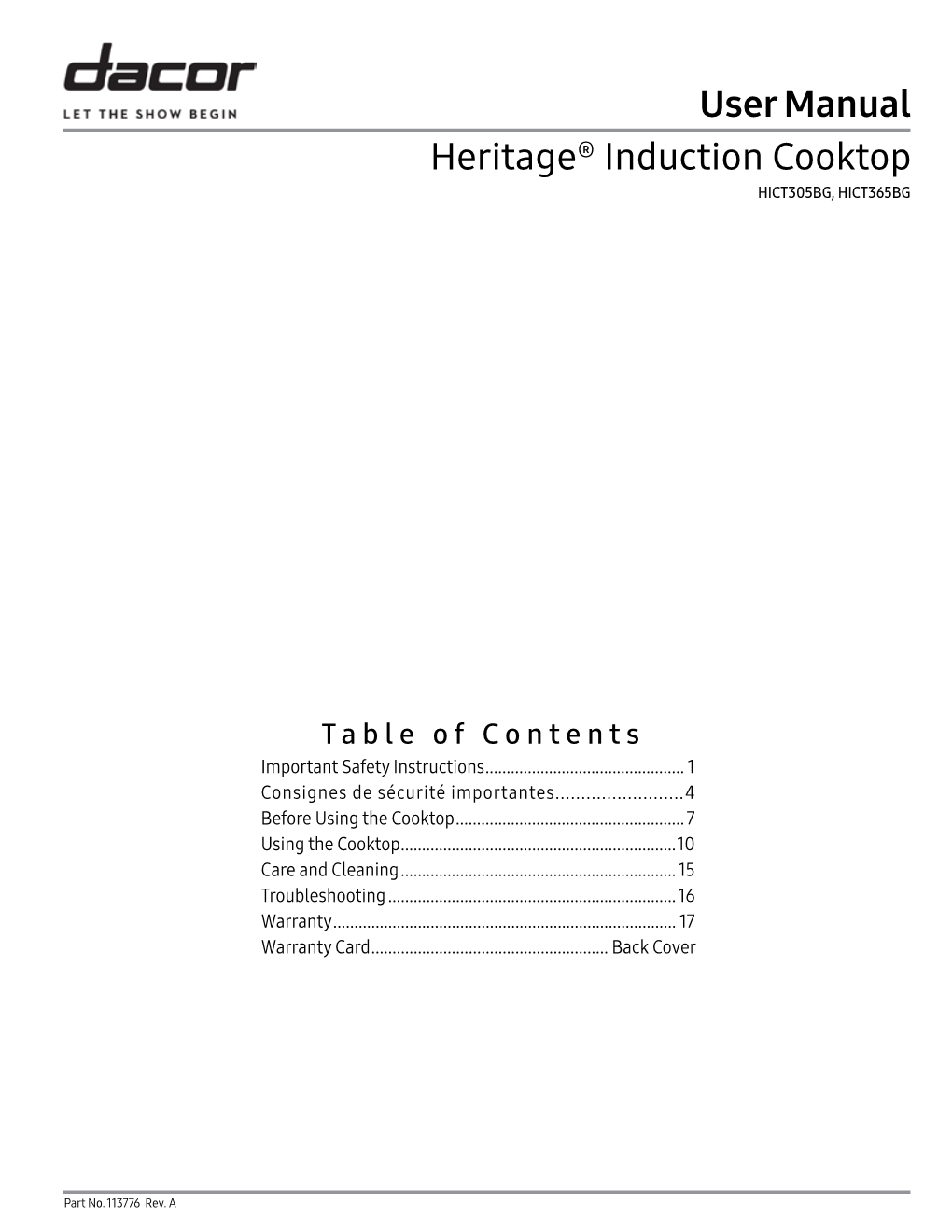 User Manual Heritage® Induction Cooktop HICT305BG, HICT365BG