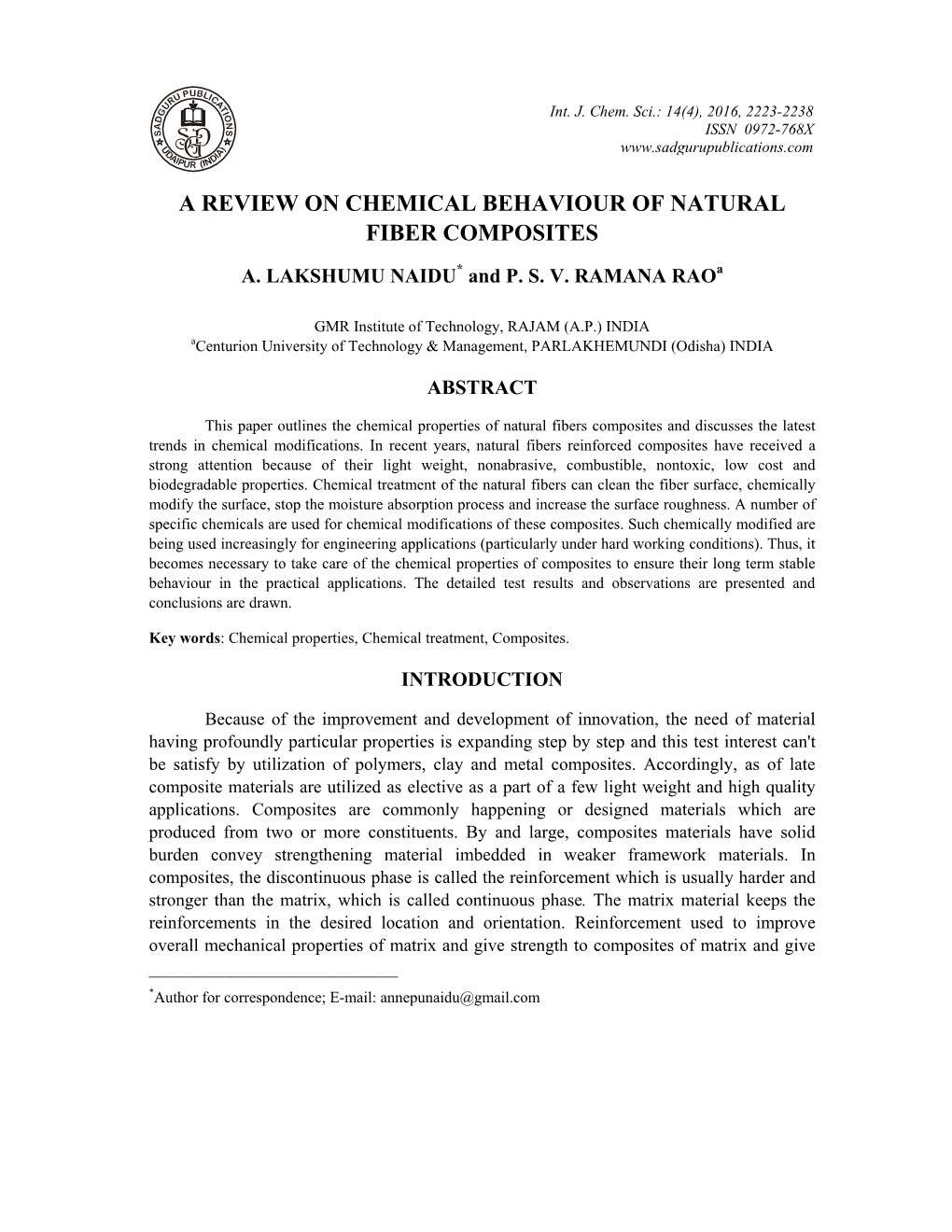 A Review on Chemical Behaviour of Natural Fiber Composites