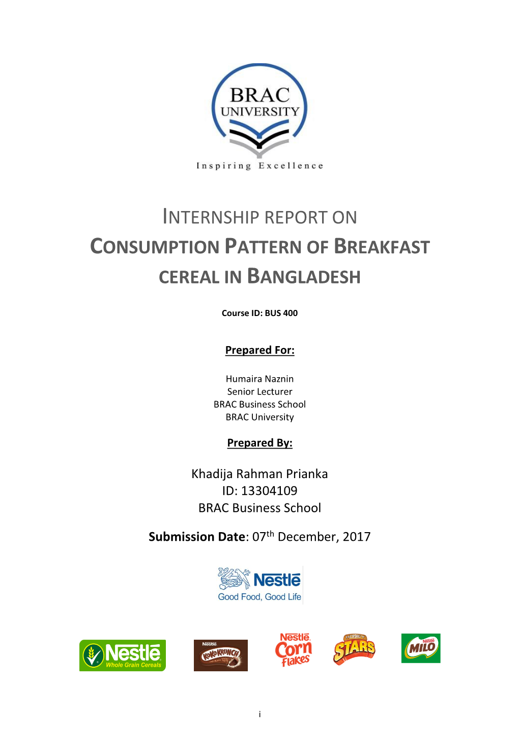 Internship Report on Consumption Pattern of Breakfast Cereal in Bangladesh