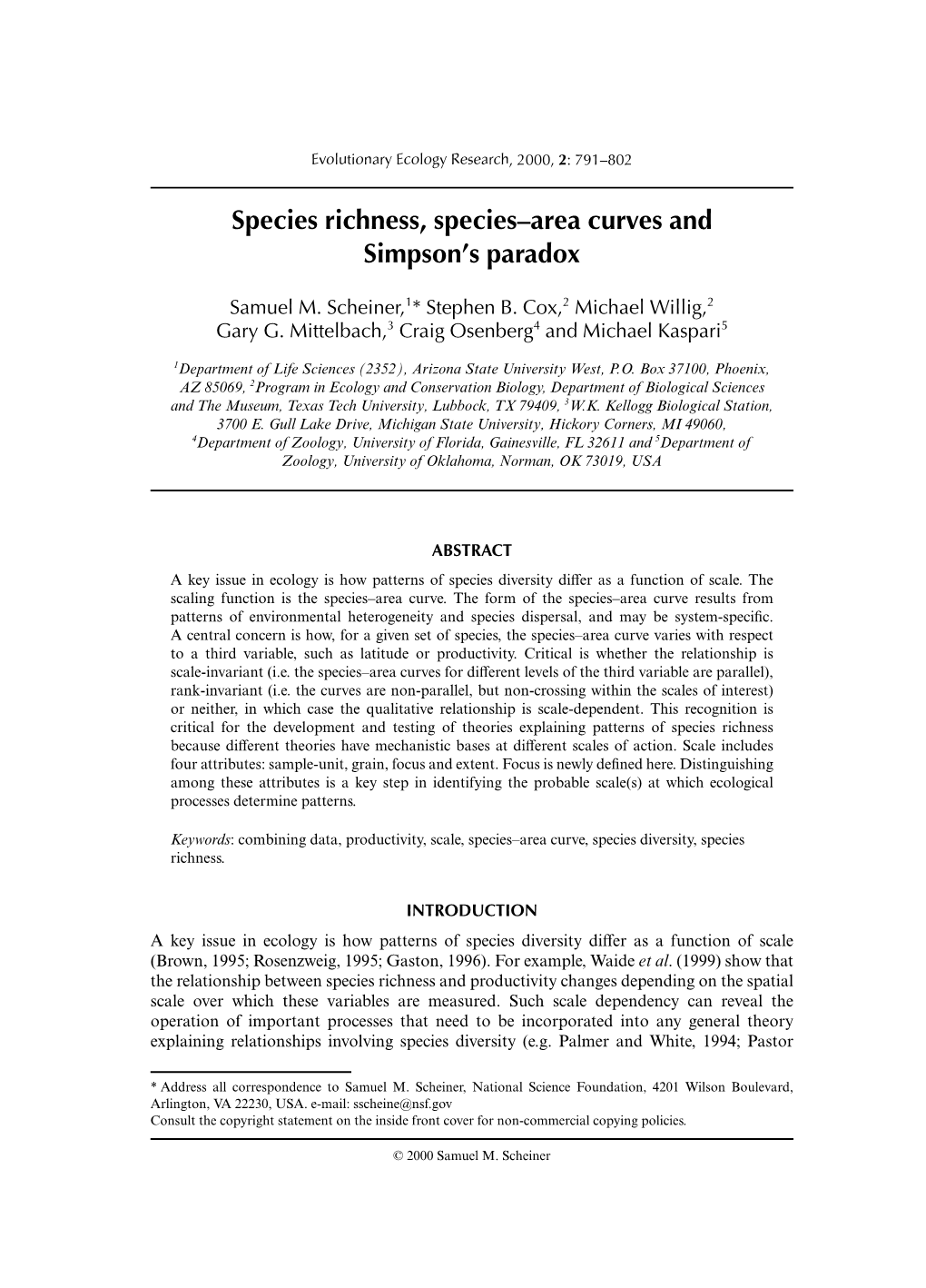 Species Richness, Species–Area Curves and Simpson's Paradox