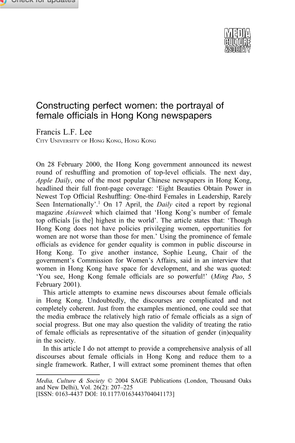 The Portrayal of Female Officials in Hong Kong Newspapers