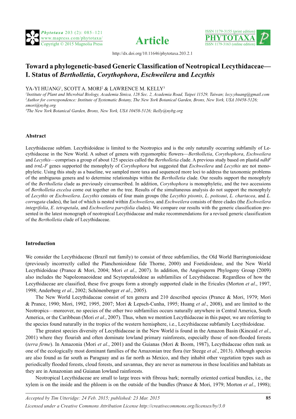 Toward a Phylogenetic-Based Generic Classification of Neotropical Lecythidaceae— I