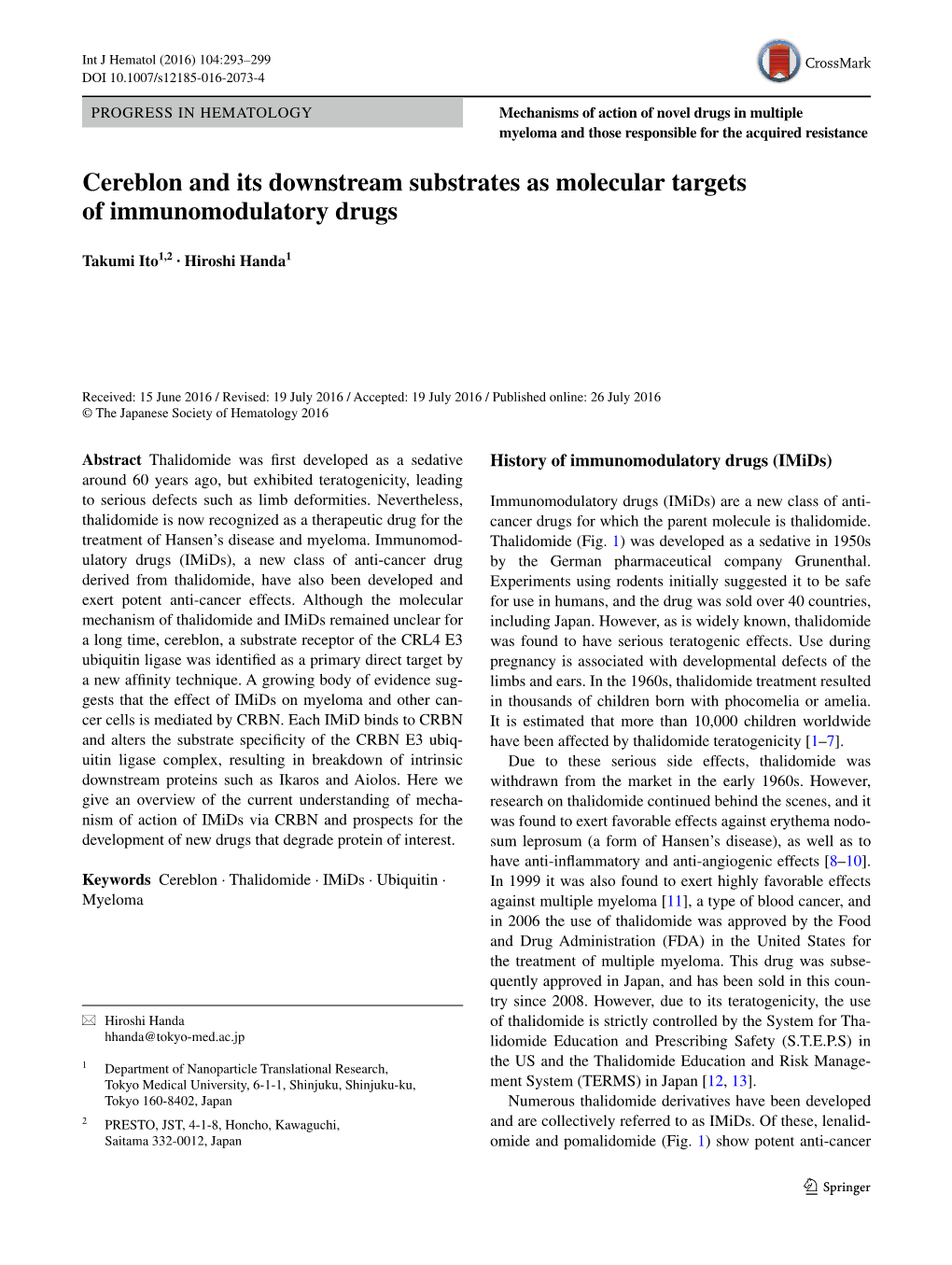 Cereblon and Its Downstream Substrates As Molecular Targets of Immunomodulatory Drugs
