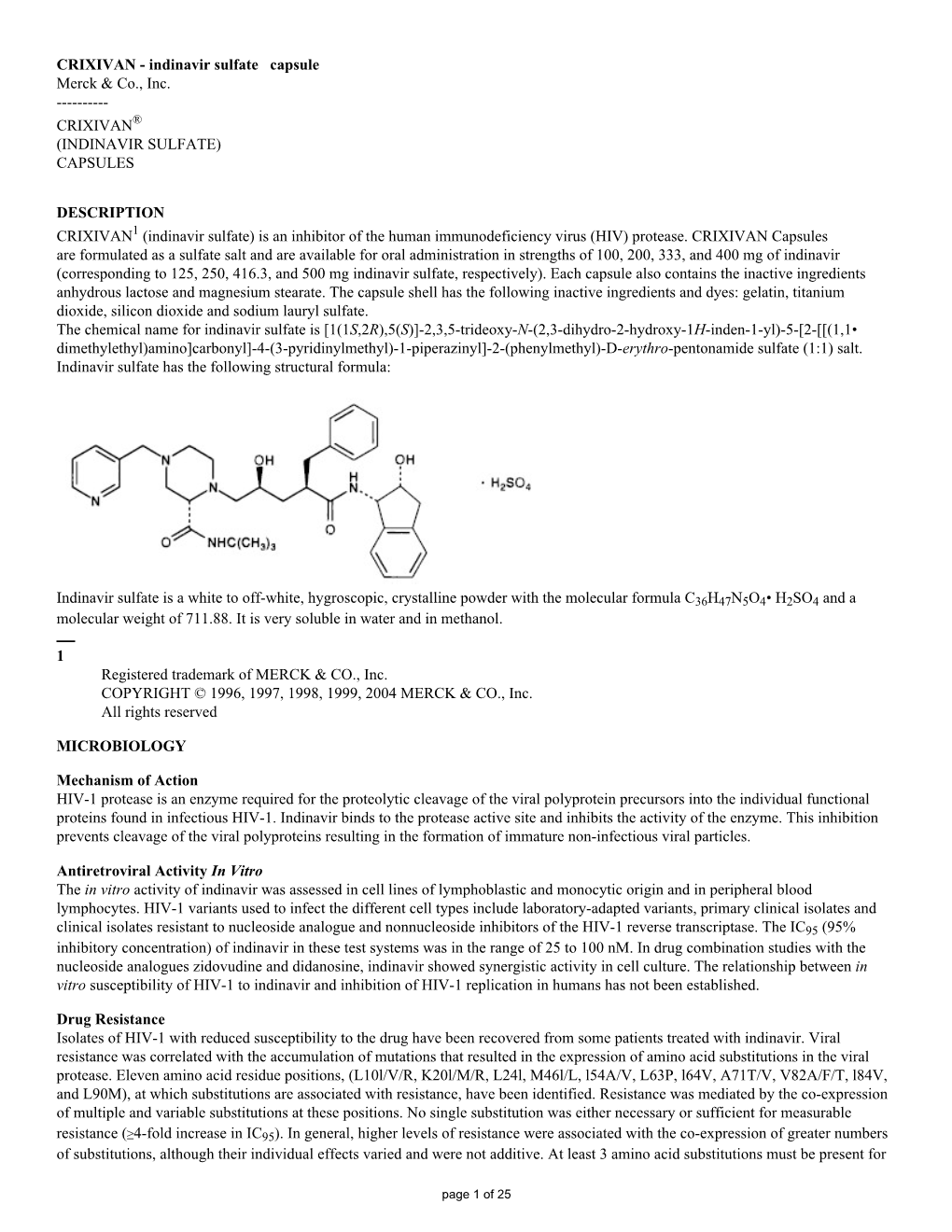 Indinavir Sulfate Capsule Merck & Co., Inc