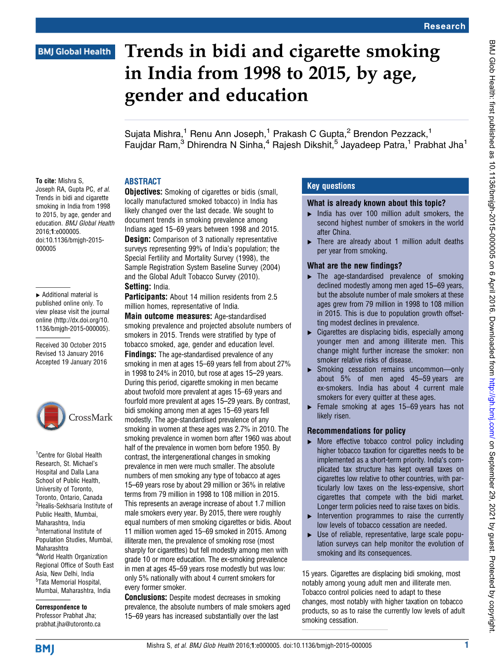 Trends in Bidi and Cigarette Smoking in India from 1998 to 2015, by Age, Gender and Education