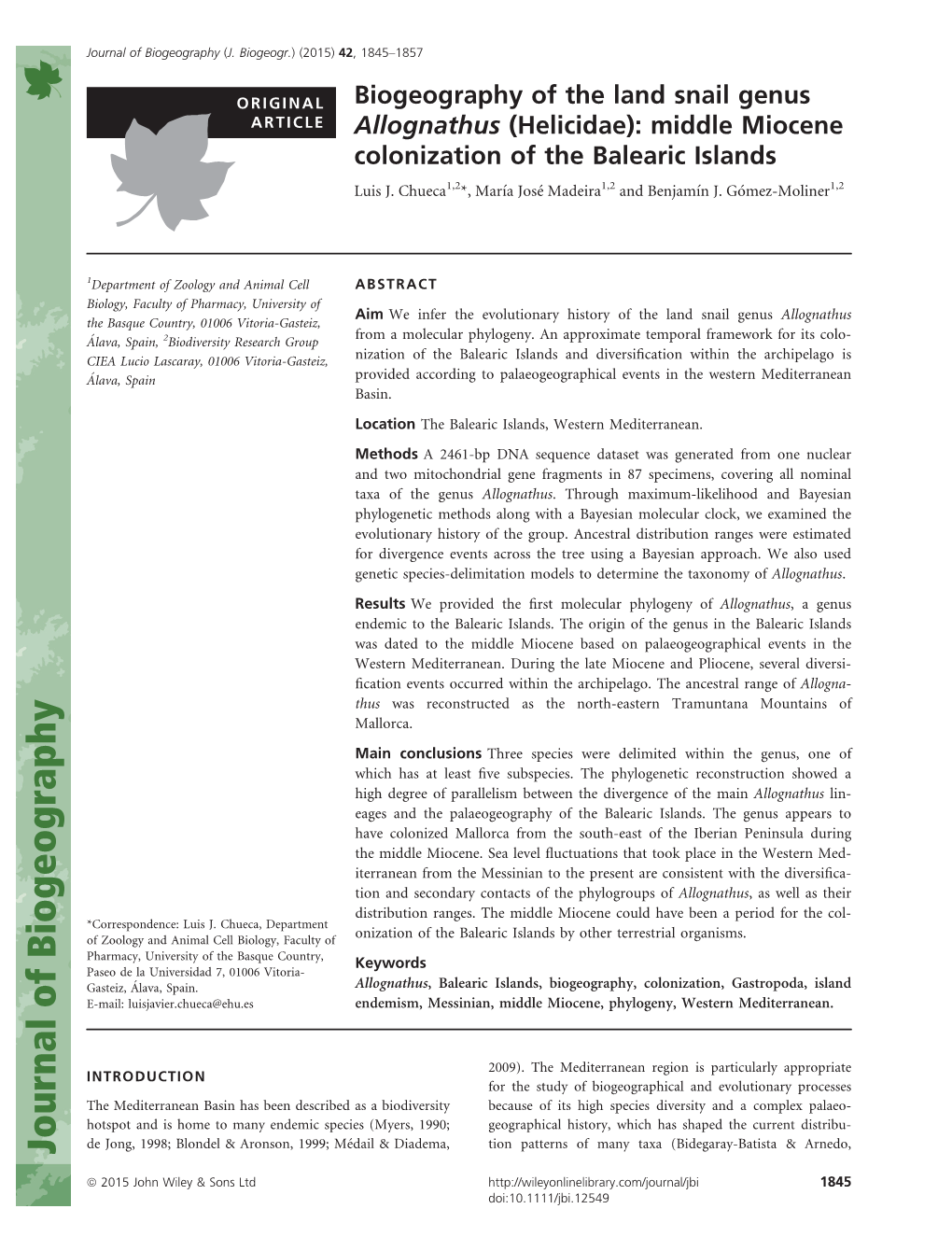 Biogeography of the Land Snail Genus Allognathus (Helicidae): Middle Miocene Colonization of the Balearic Islands