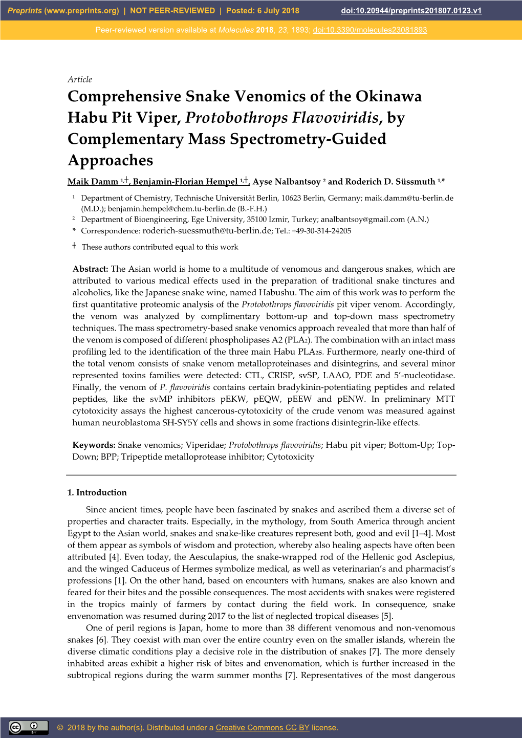 Comprehensive Snake Venomics of the Okinawa Habu Pit Viper, Protobothrops Flavoviridis, by Complementary Mass Spectrometry-Guided Approaches