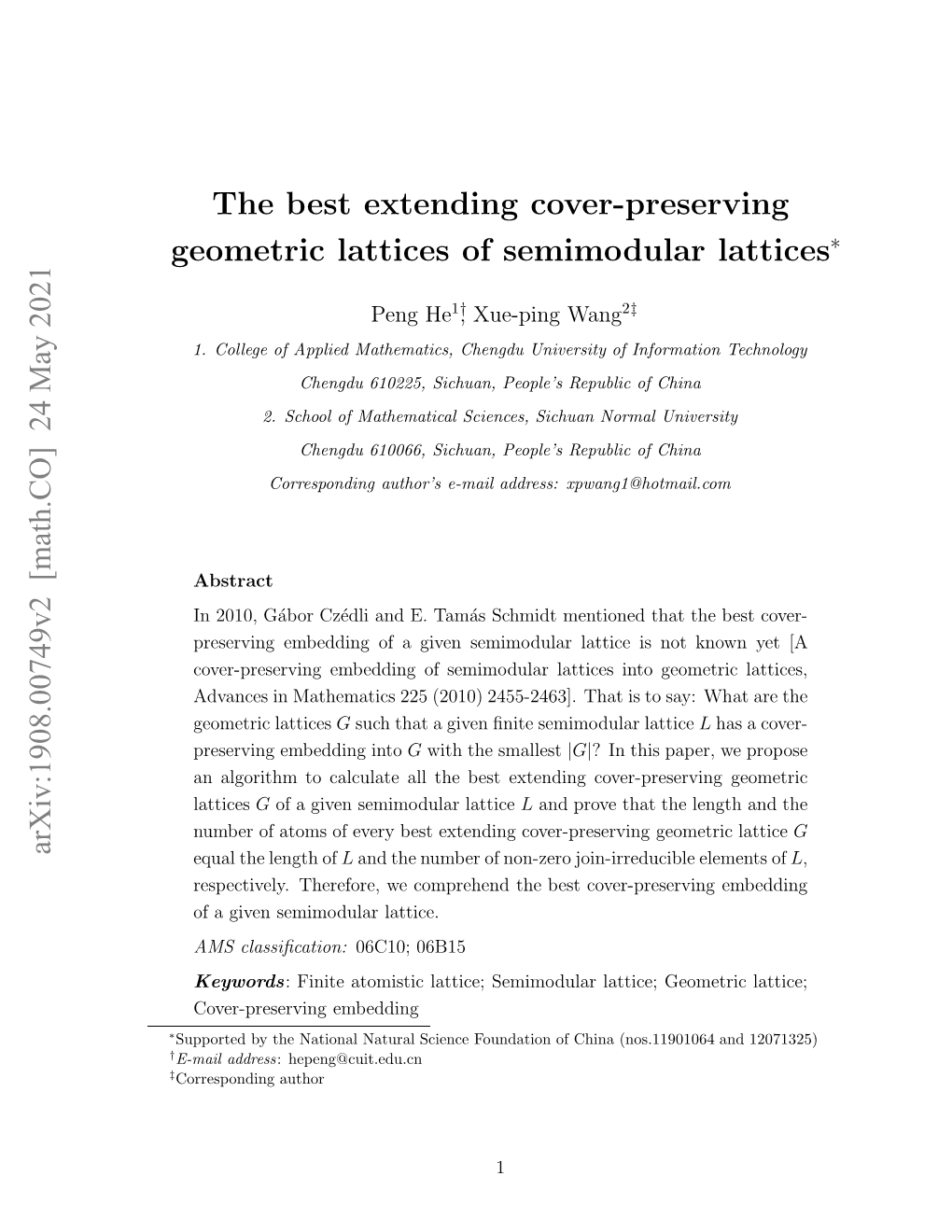 Arxiv:1908.00749V2 [Math.CO] 24 May 2021 the Best Extending Cover