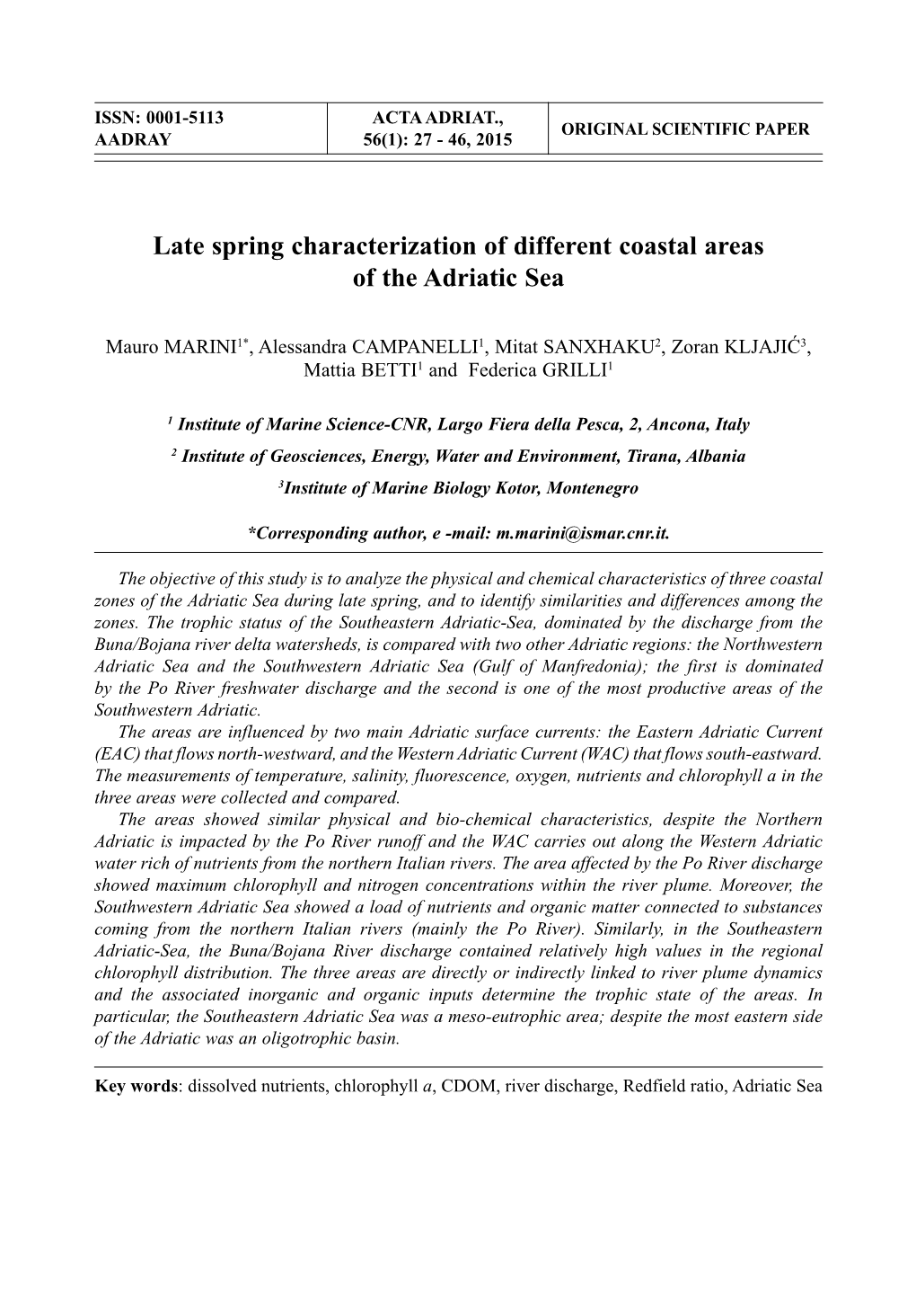 Late Spring Characterization of Different Coastal Areas of the Adriatic Sea