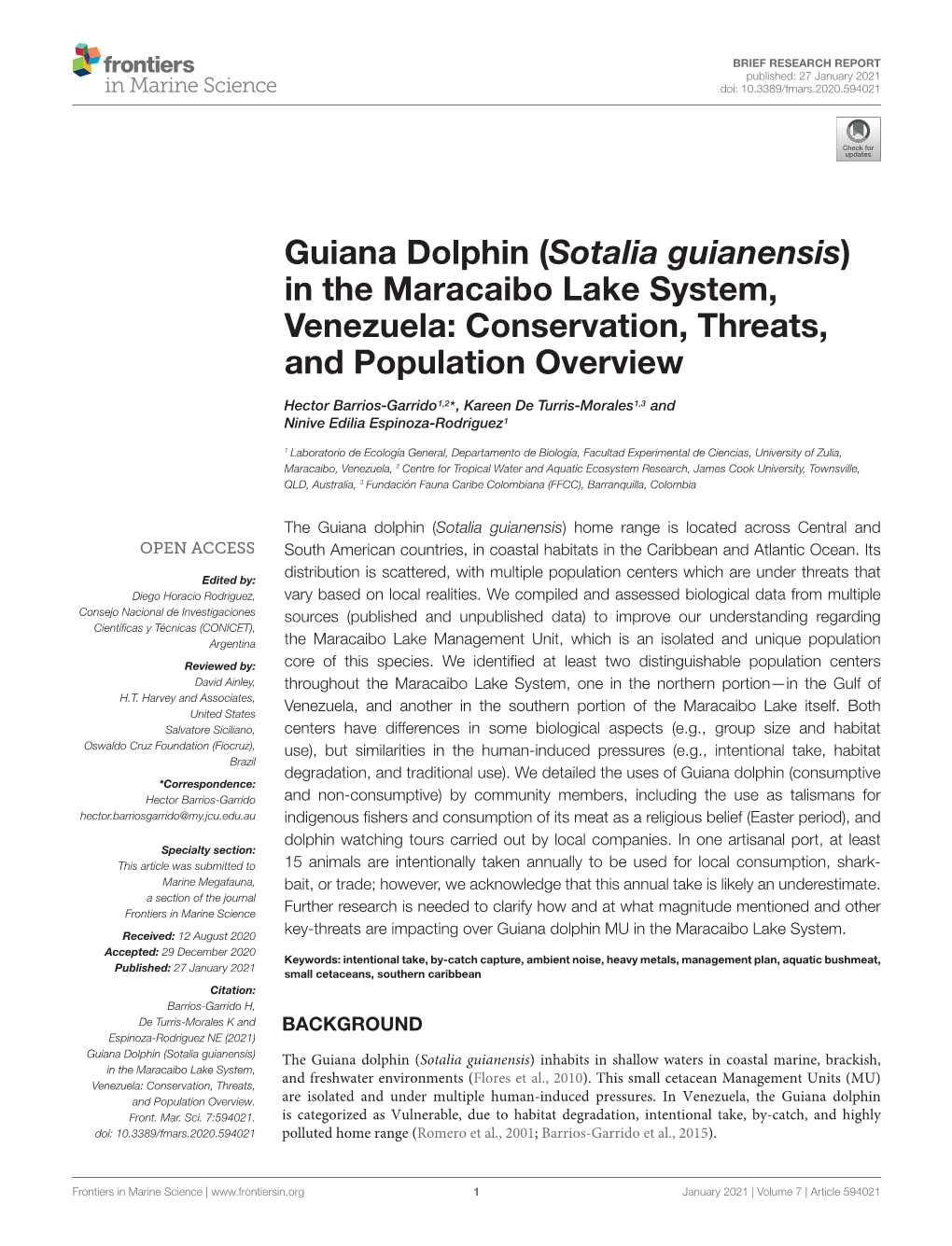 Guiana Dolphin (Sotalia Guianensis) in the Maracaibo Lake System, Venezuela: Conservation, Threats, and Population Overview