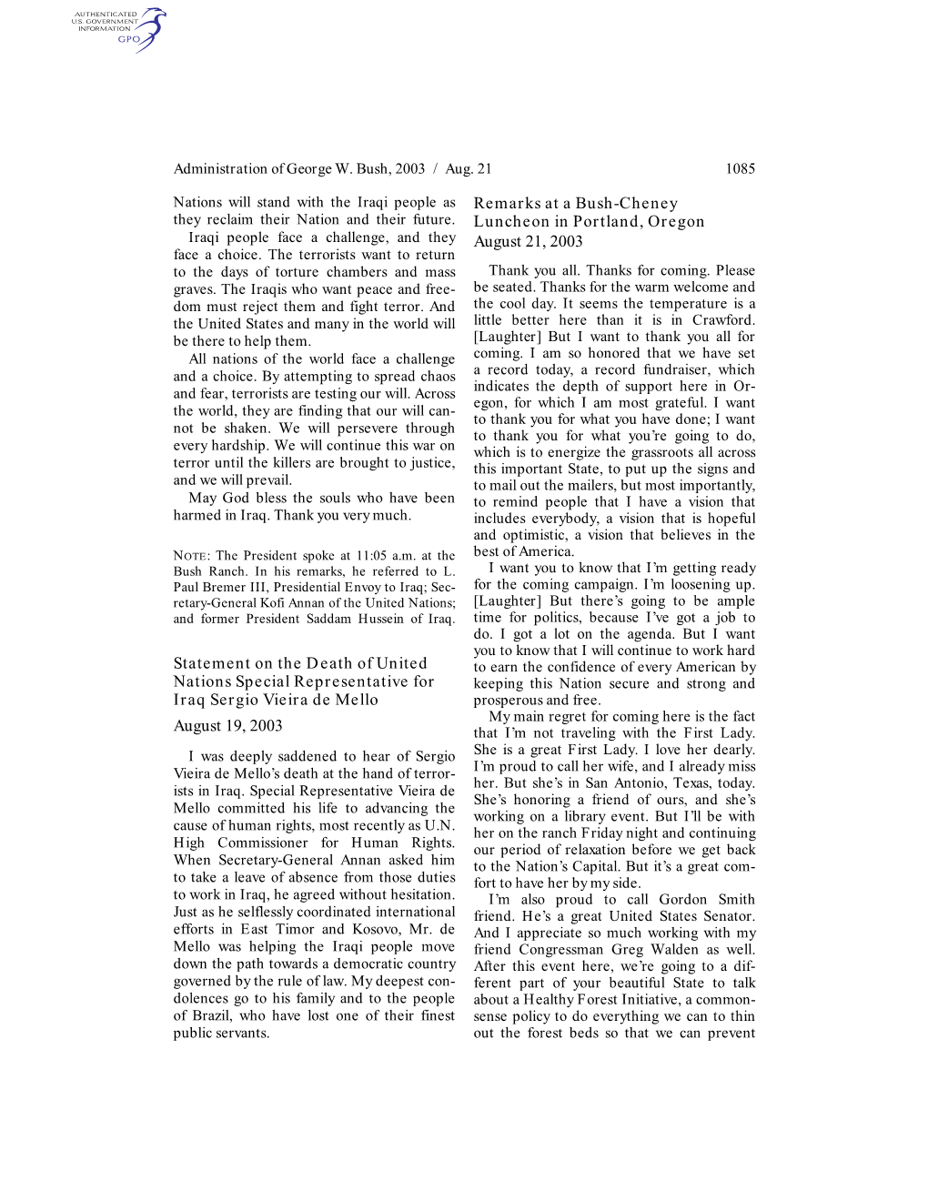 Statement on the Death of United Nations Special Representative for Iraq Sergio Vieira De Mello August 19, 2003 Remarks at A