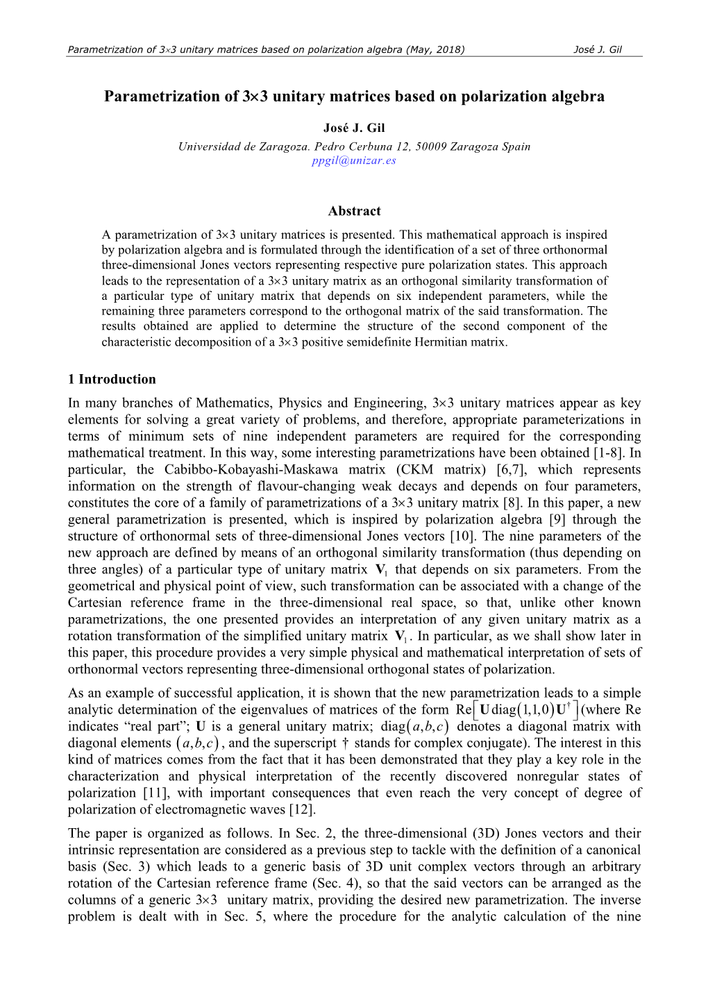 Parametrization of 3×3 Unitary Matrices Based on Polarization