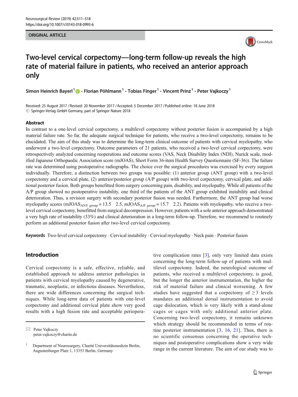 Two-Level Cervical Corpectomy—Long-Term Follow-Up Reveals the High Rate of Material Failure in Patients, Who Received an Anterior Approach Only