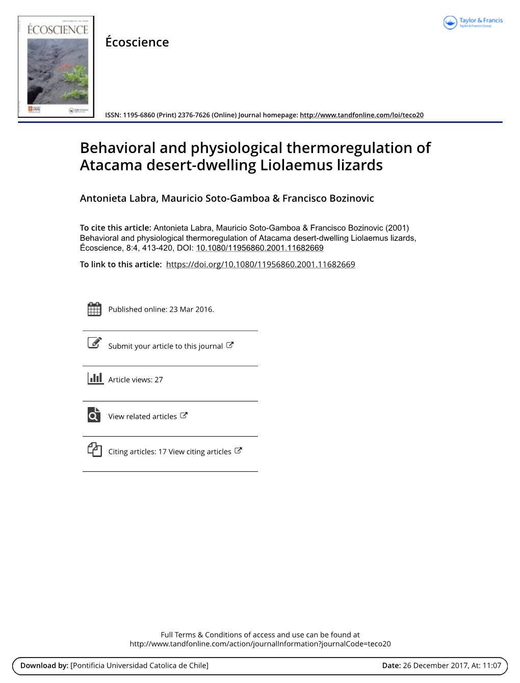 Behavioral and Physiological Thermoregulation of Atacama Desert-Dwelling Liolaemus Lizards