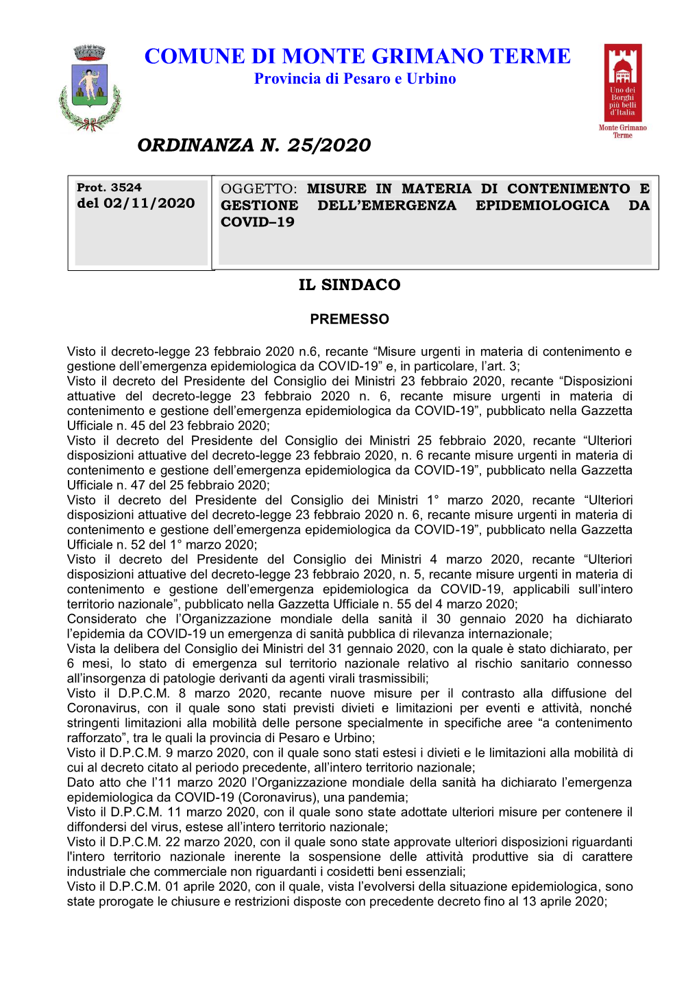 COMUNE DI MONTE GRIMANO TERME Provincia Di Pesaro E Urbino