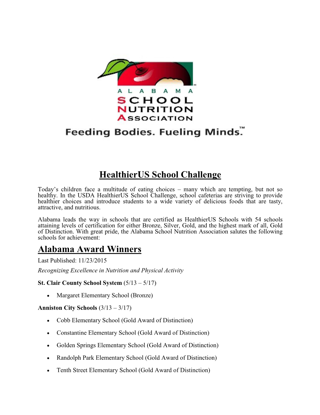 Healthierus School Challenge Alabama Award