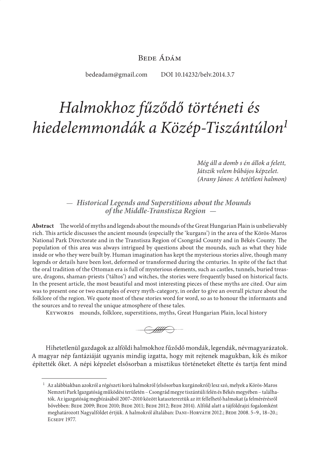 Halmokhoz Fűződő Történeti És Hiedelemmondák a Közép-Tiszántúlon1