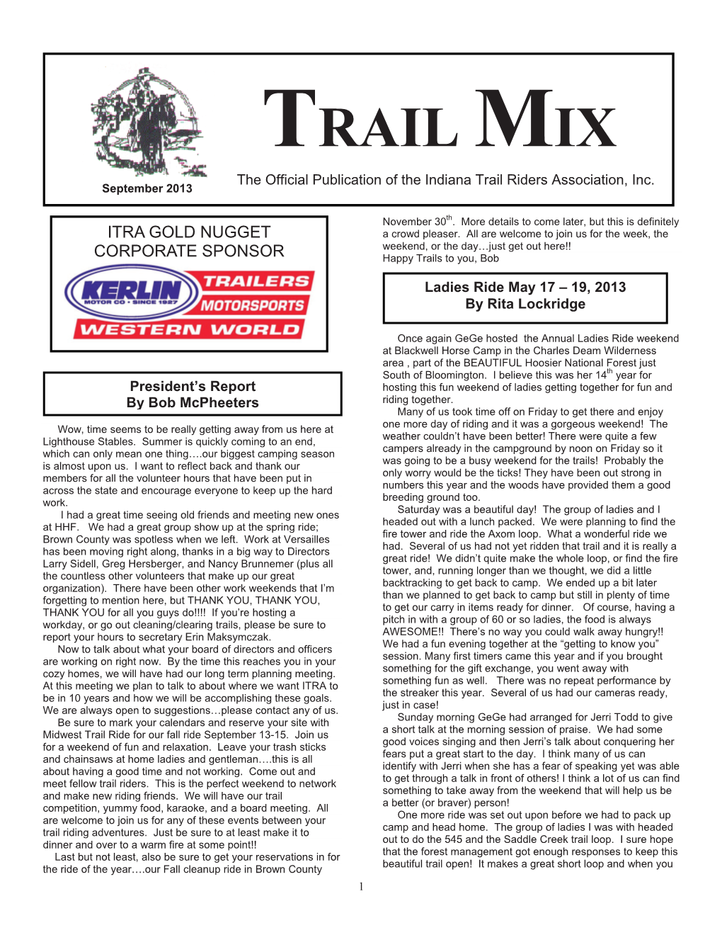TRAIL MIX the Official Publication of the Indiana Trail Riders Association, Inc