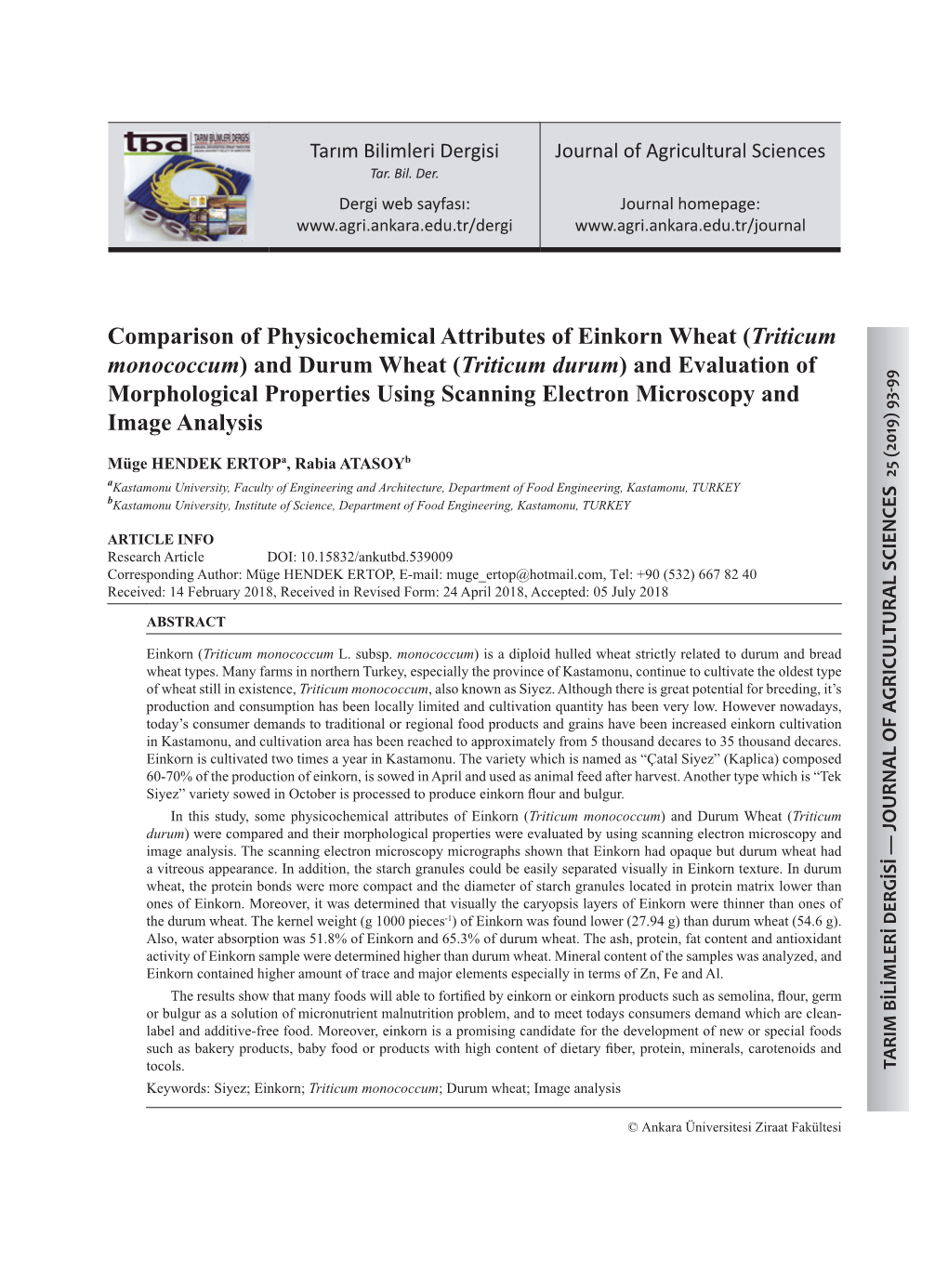 (Triticum Monococcum) and Durum Wheat (Triticum Durum) and Evaluation of Morphological Properties Using Scanning Electron Microscopy and Image Analysis