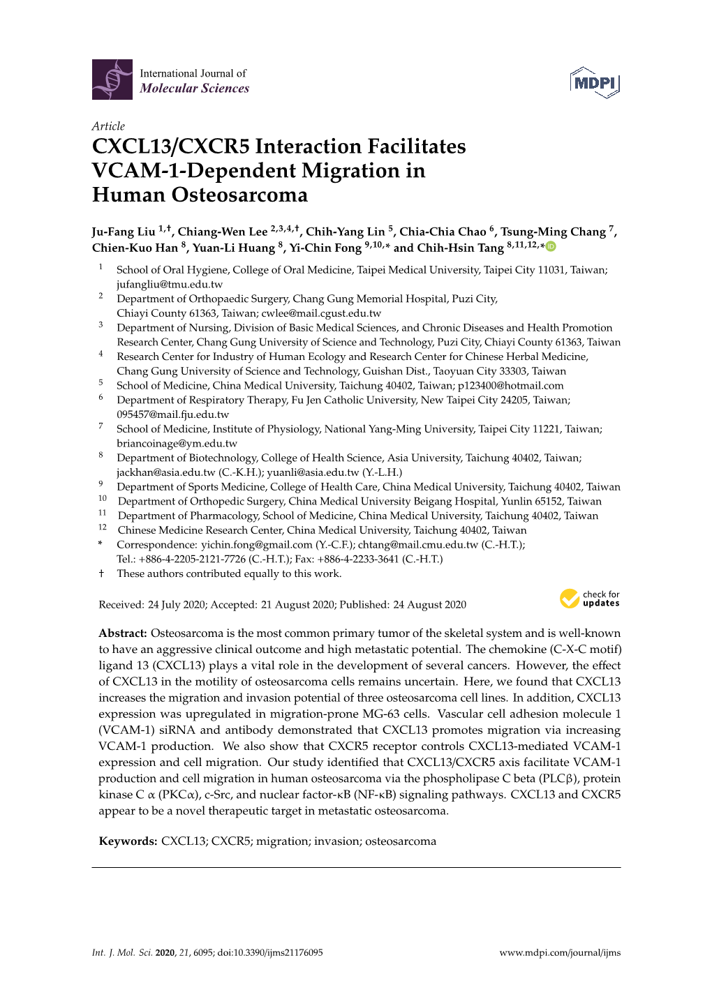 CXCL13/CXCR5 Interaction Facilitates VCAM-1-Dependent Migration in Human Osteosarcoma