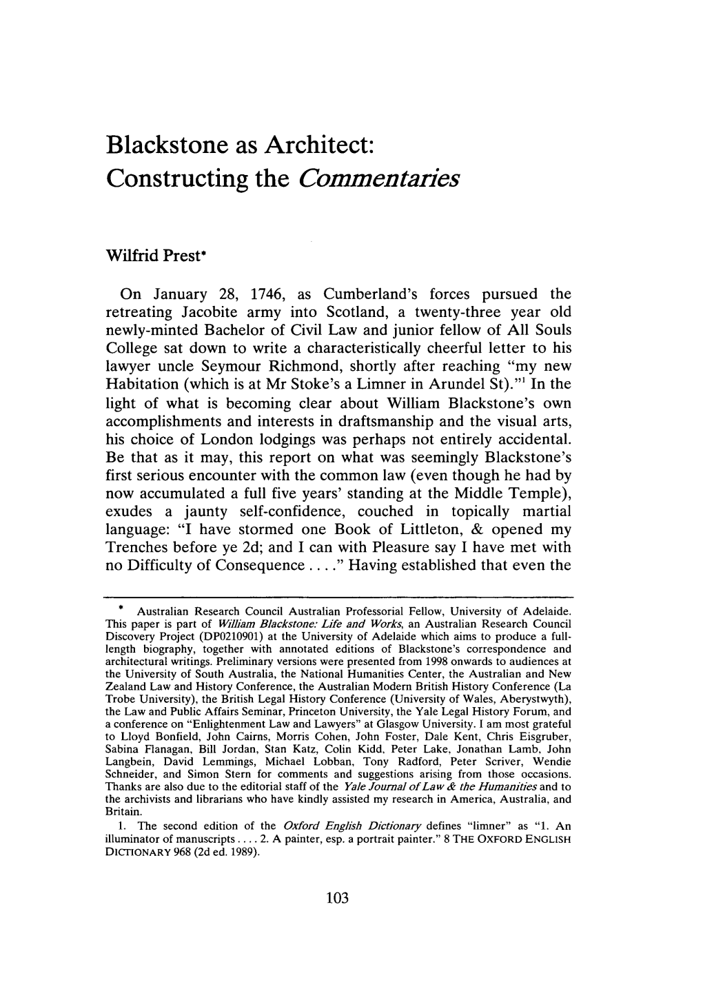 Blackstone As Architect: Constructing the Commentaries