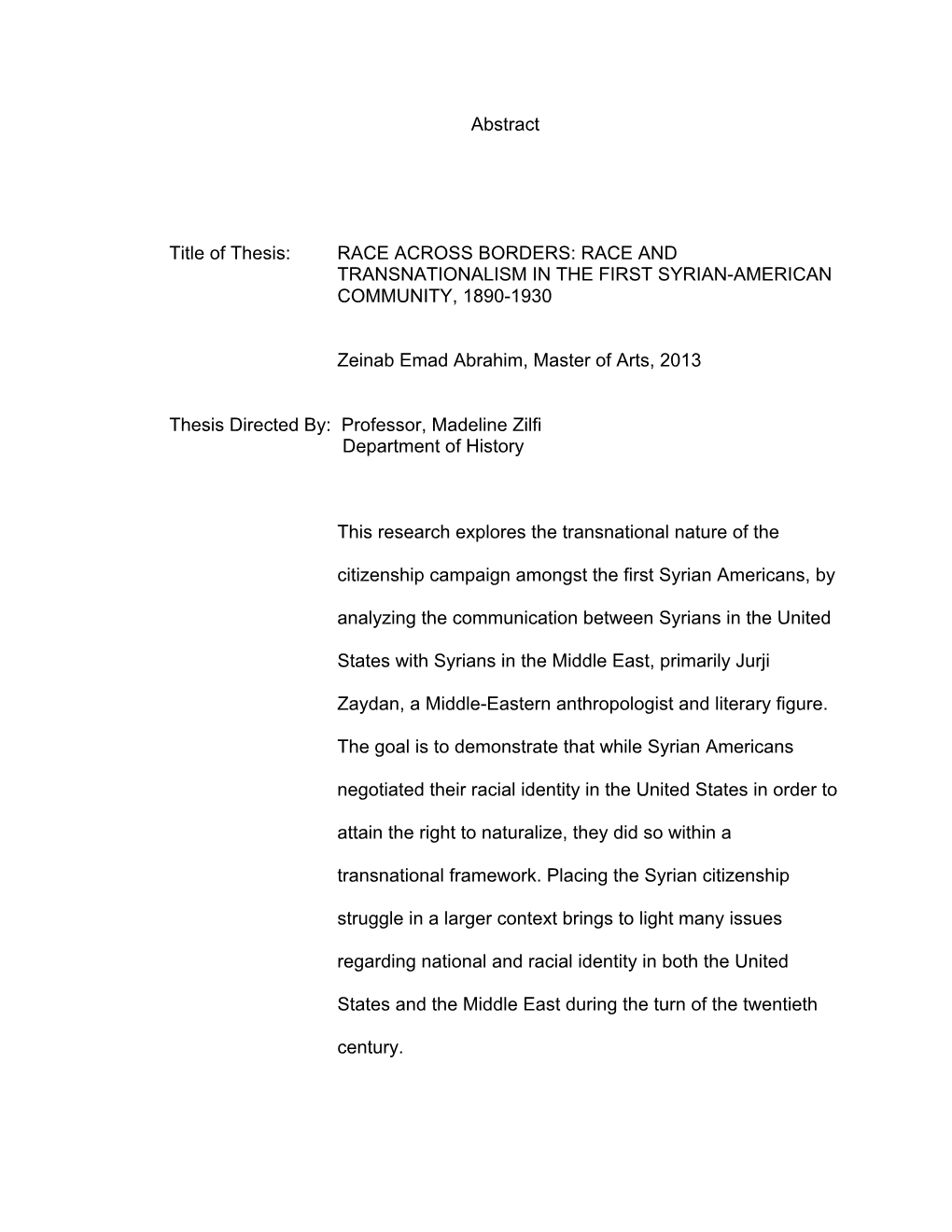 Race and Transnationalism in the First Syrian-American Community, 1890-1930