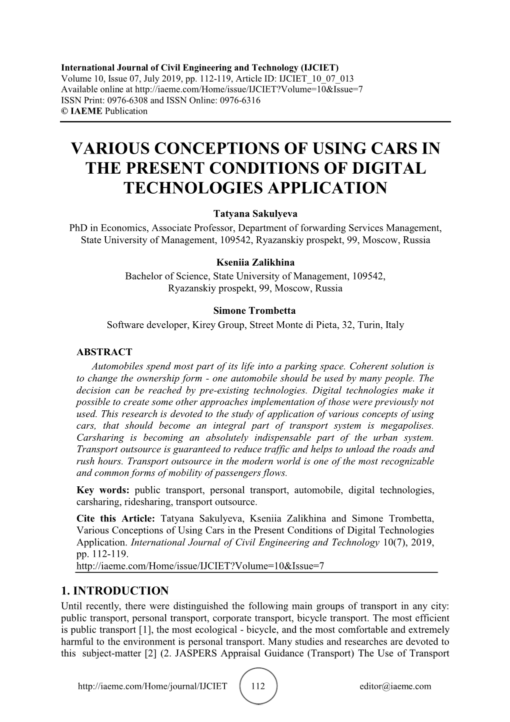 Various Conceptions of Using Cars in the Present Conditions of Digital Technologies Application