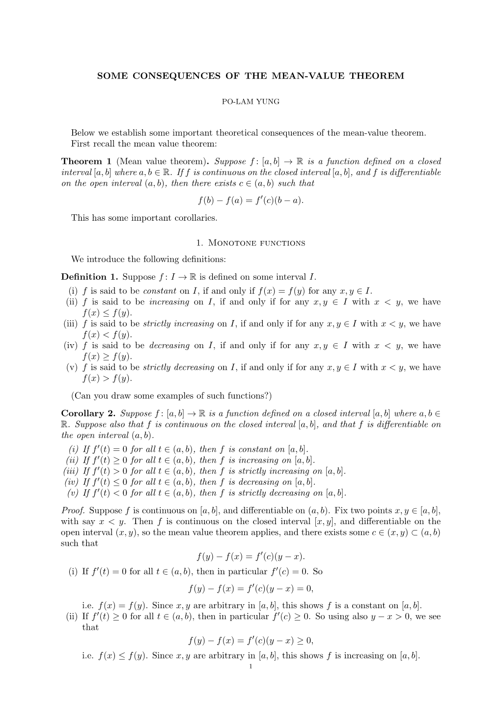 SOME CONSEQUENCES of the MEAN-VALUE THEOREM Below