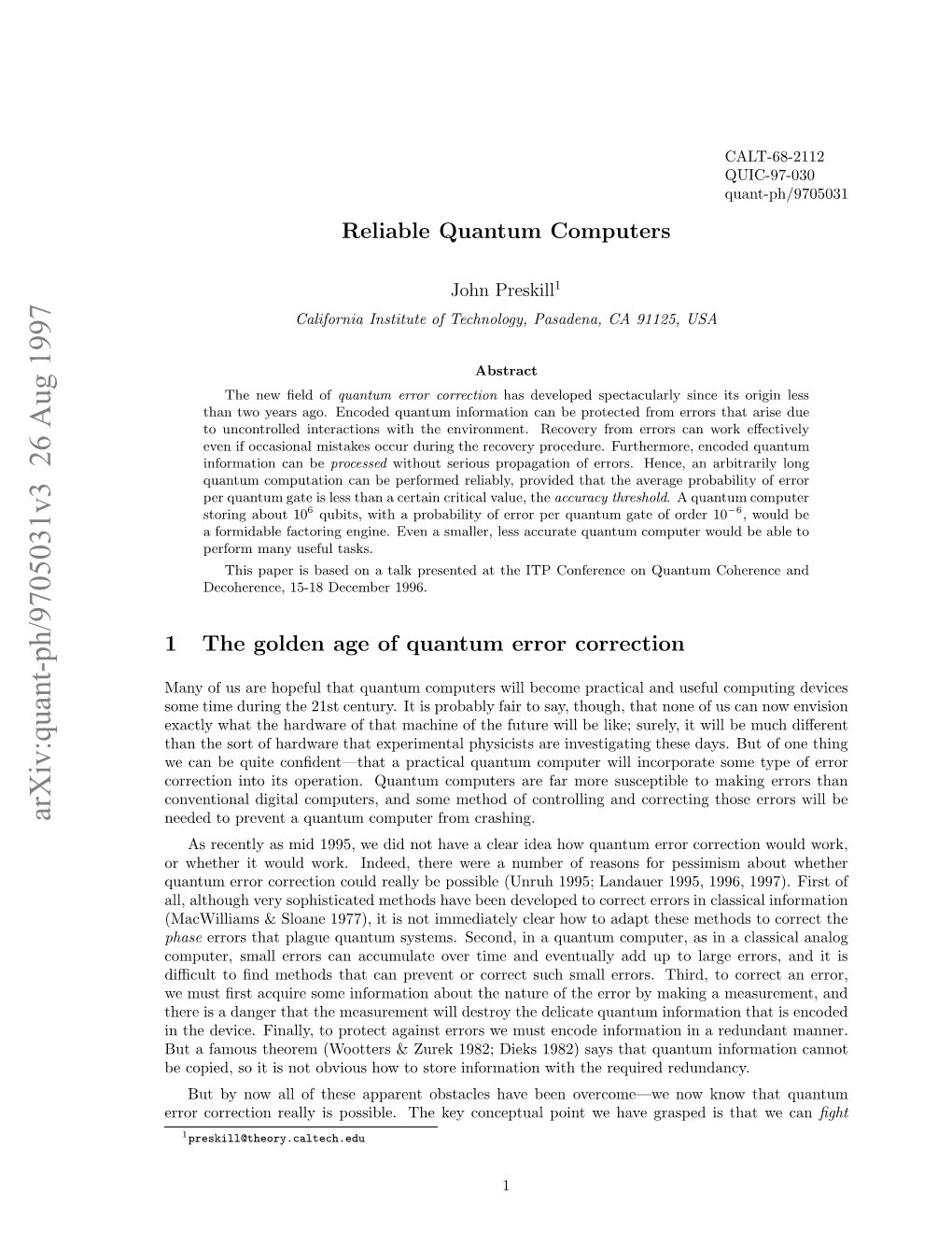 Arxiv:Quant-Ph/9705031V3 26 Aug 1997 Eddt Rvn Unu Optrfo Crashing