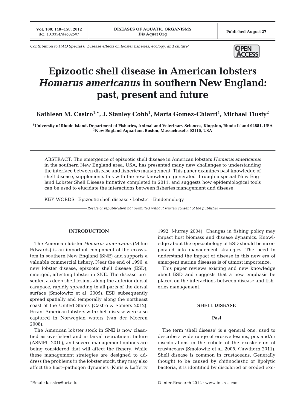 Epizootic Shell Disease in American Lobsters Homarus Americanus in Southern New England: Past, Present and Future