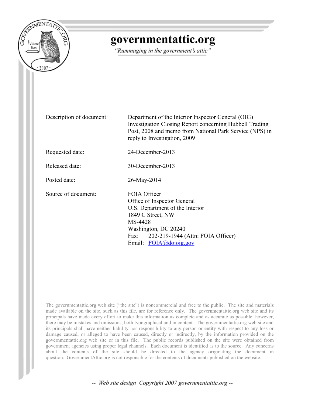 (OIG) Investigation Closing Report Concerning Hubbell Trading Post, 2008 and Memo from National Park Service (NPS) in Reply to Investigation, 2009