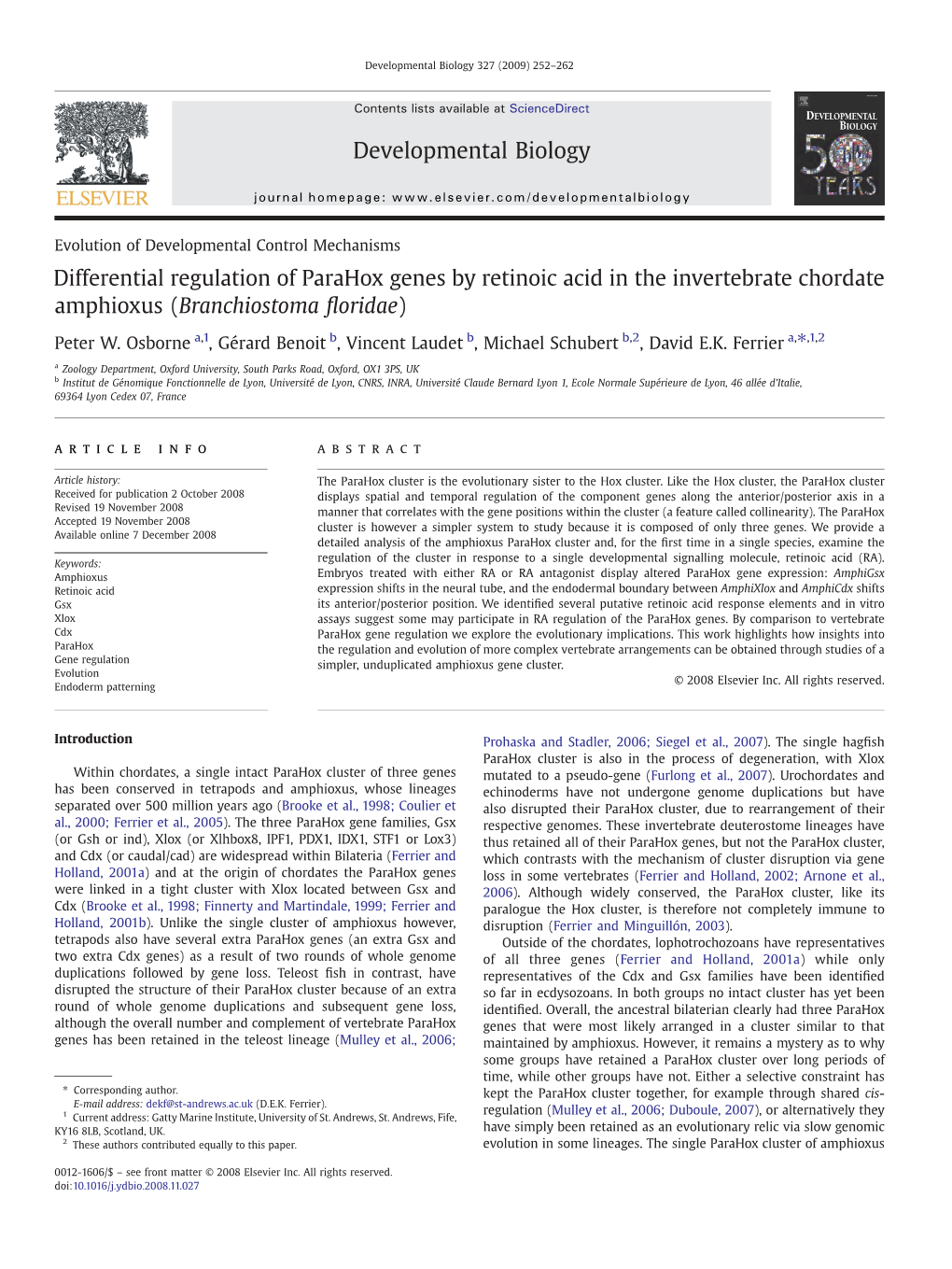 Differential Regulation of Parahox Genes by Retinoic Acid in the Invertebrate Chordate Amphioxus (Branchiostoma ﬂoridae)