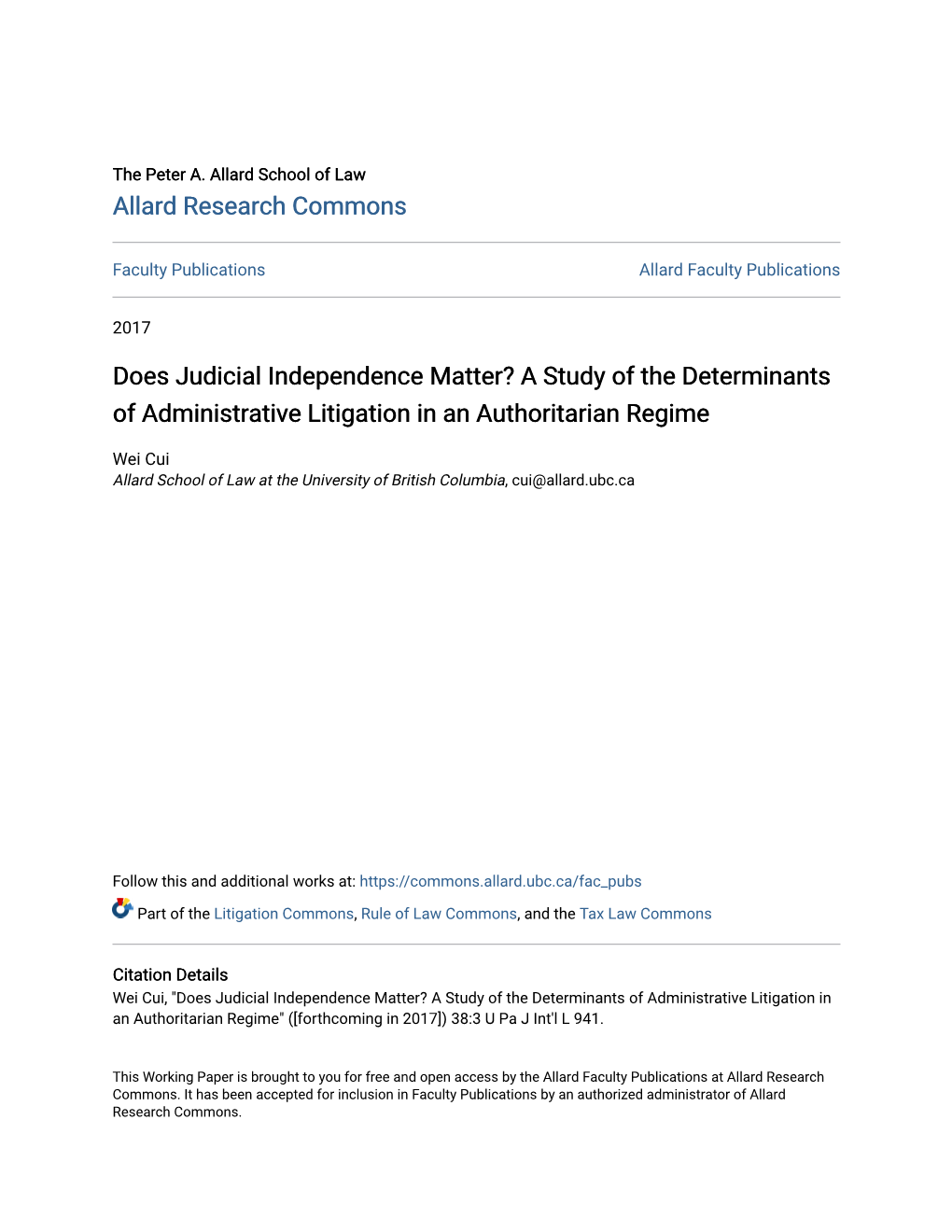 Does Judicial Independence Matter? a Study of the Determinants of Administrative Litigation in an Authoritarian Regime