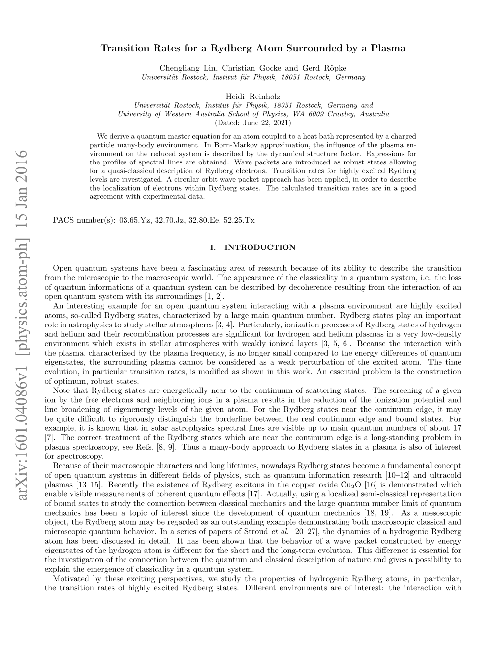 Arxiv:1601.04086V1 [Physics.Atom-Ph] 15 Jan 2016