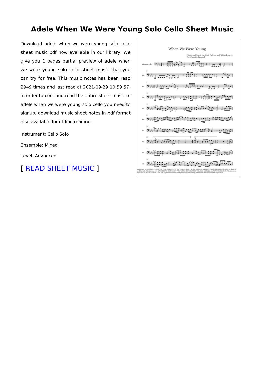 Adele When We Were Young Solo Cello Sheet Music