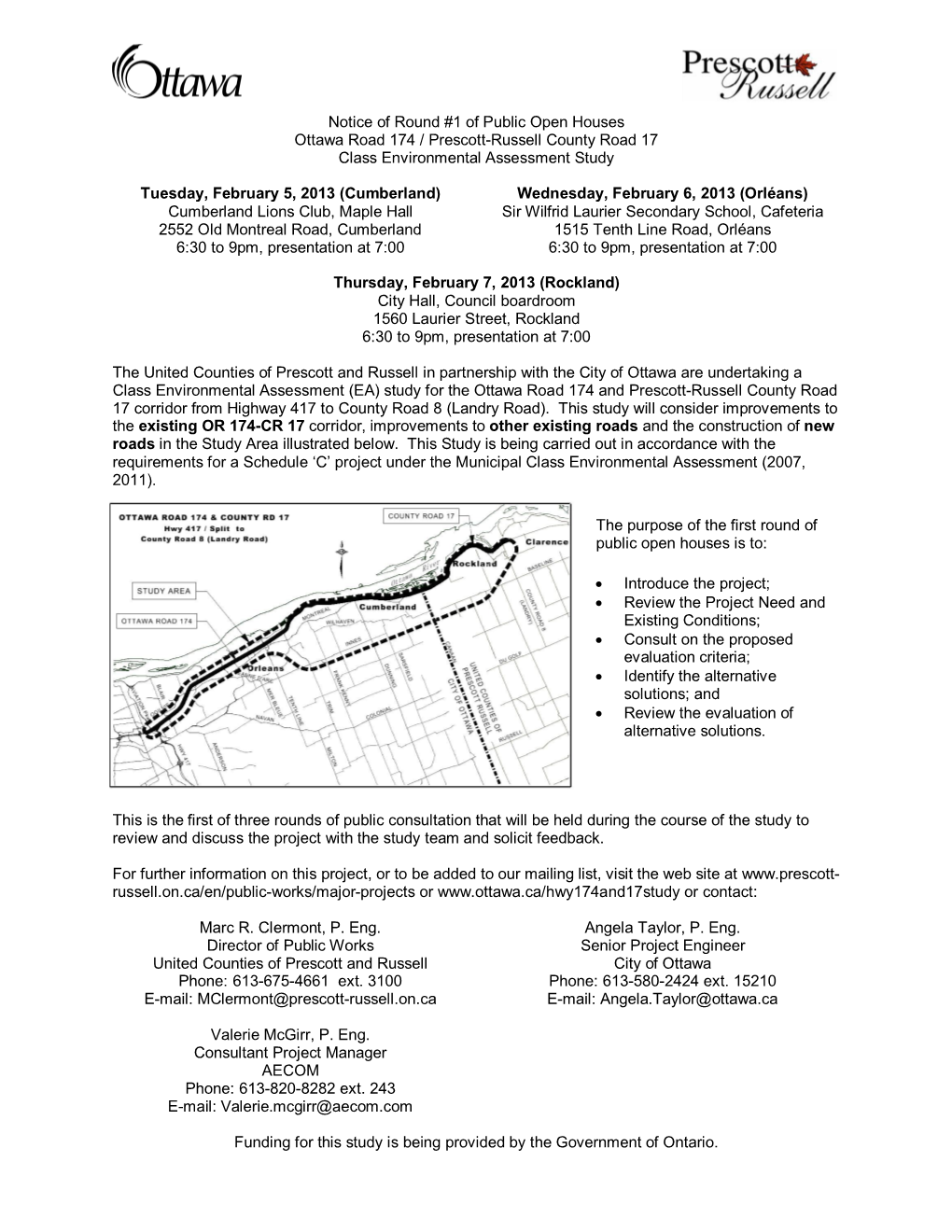 Notice of Round #1 of Public Open Houses Ottawa Road 174 / Prescott-Russell County Road 17 Class Environmental Assessment Study