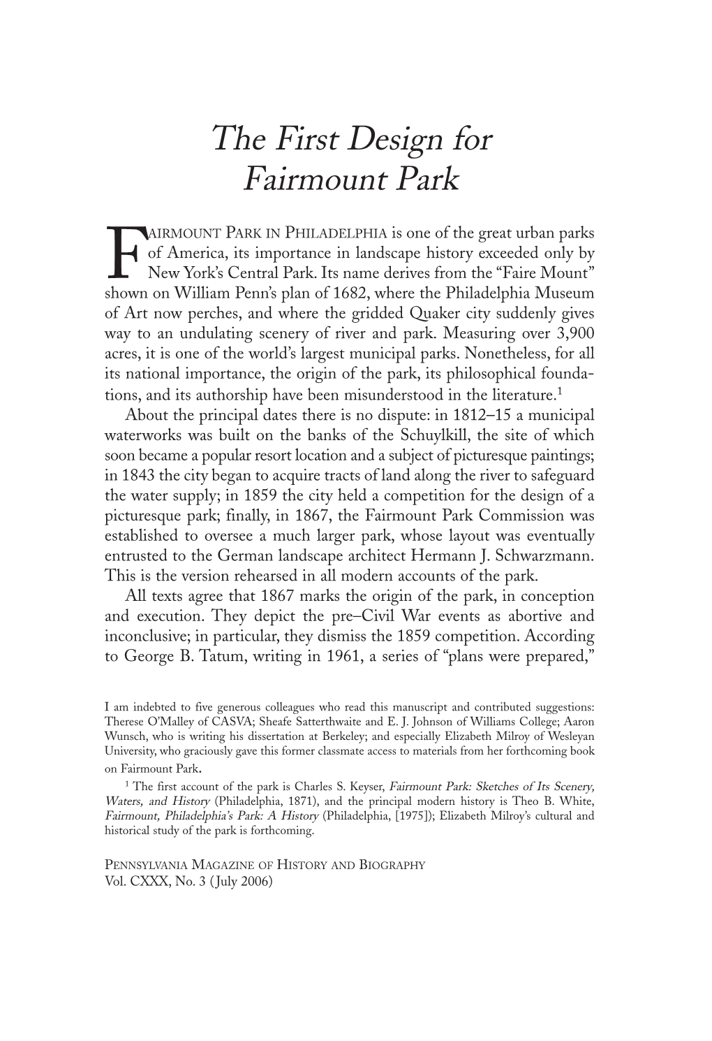 The First Design for Fairmount Park