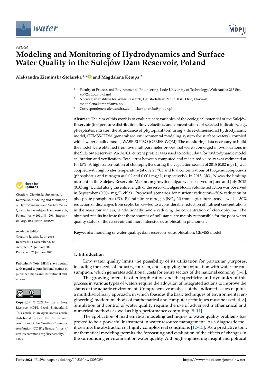 Modeling and Monitoring of Hydrodynamics and Surface Water Quality in the Sulejów Dam Reservoir, Poland