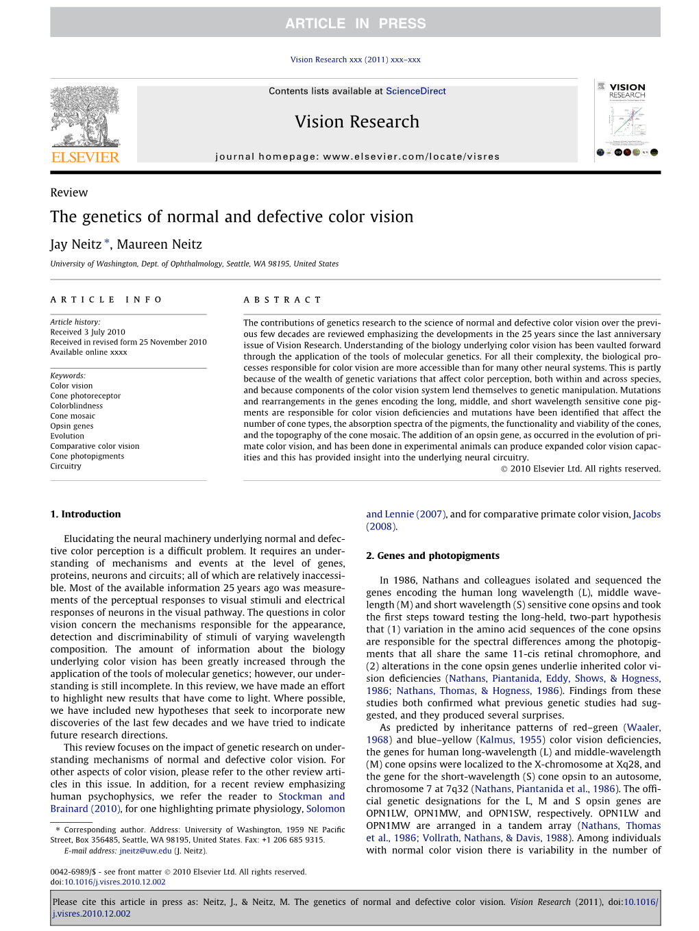 The Genetics of Normal and Defective Color Vision