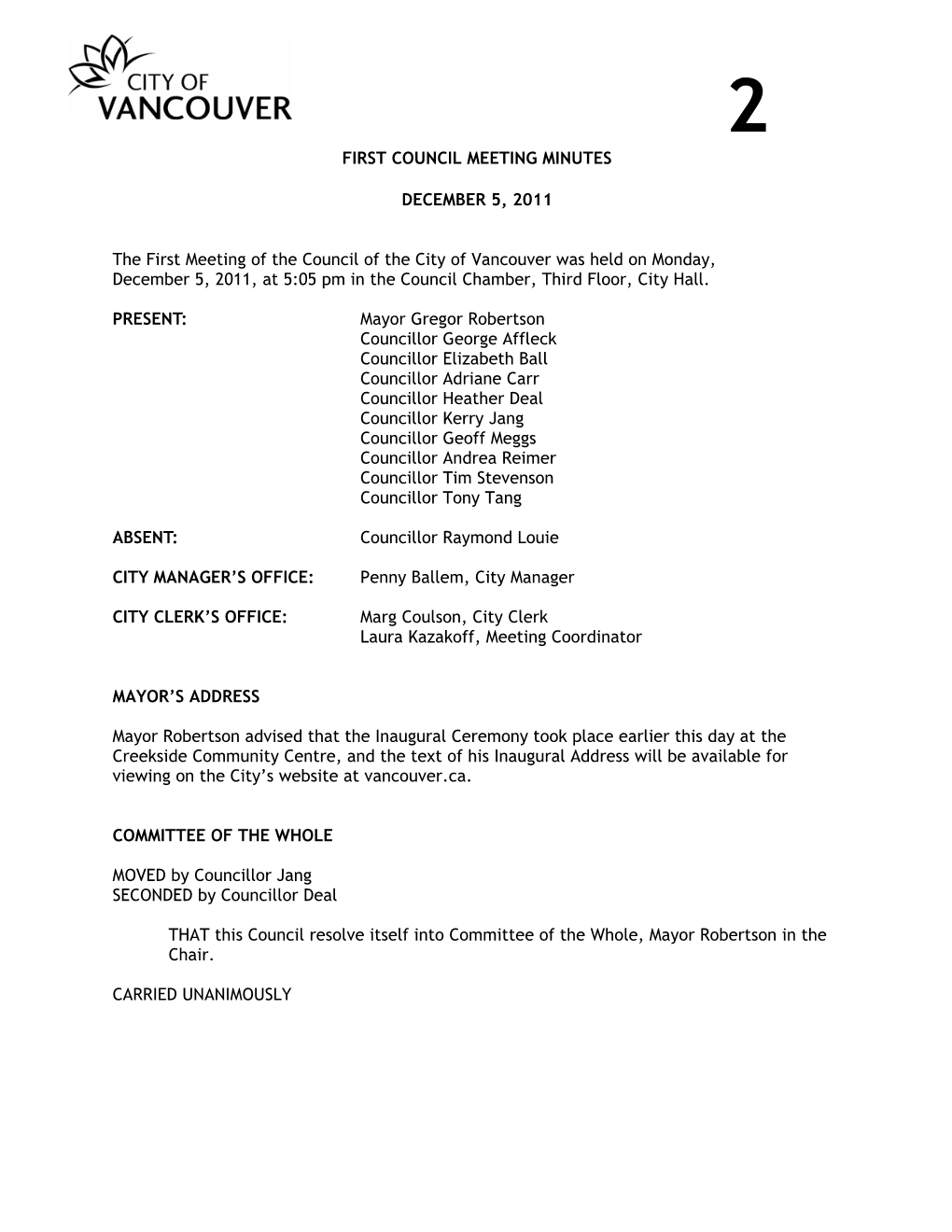 Inaugural (First) Council Meeting Minutes