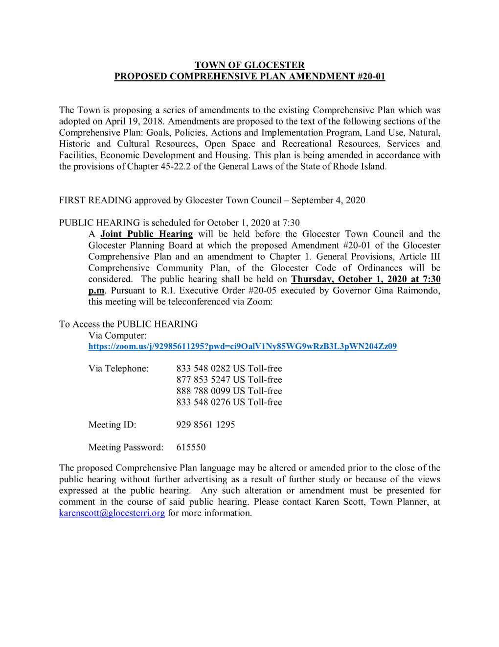 Town of Glocester Proposed Comprehensive Plan Amendment #20-01