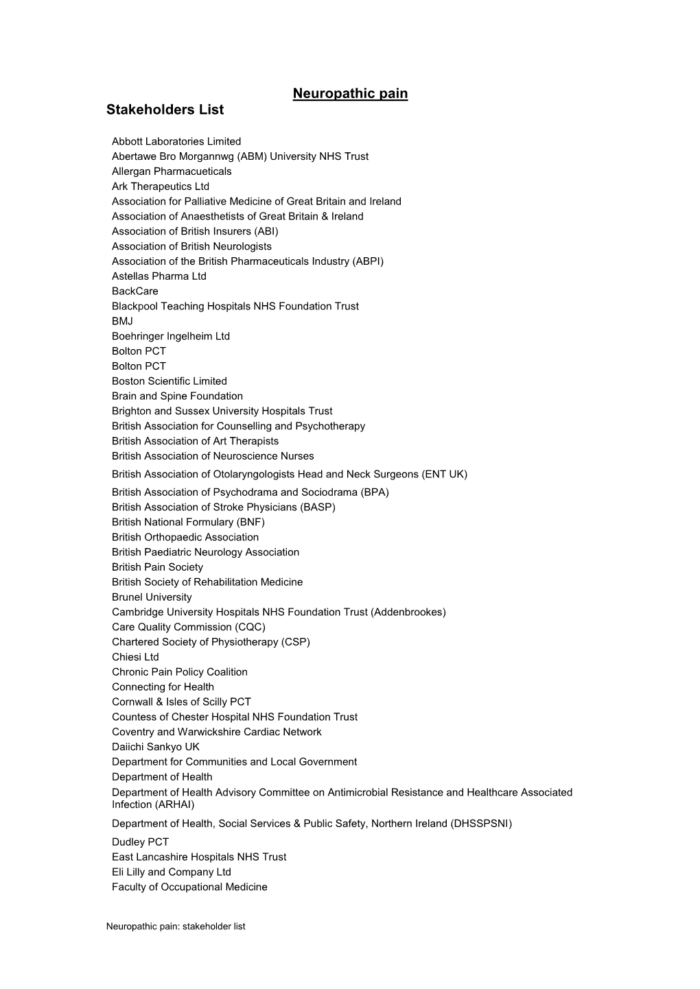 Neuropathic Pain Stakeholders List