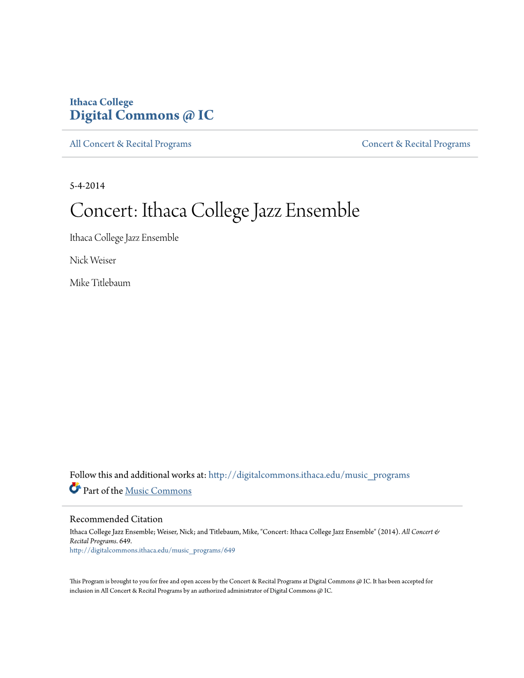 Concert: Ithaca College Jazz Ensemble Ithaca College Jazz Ensemble