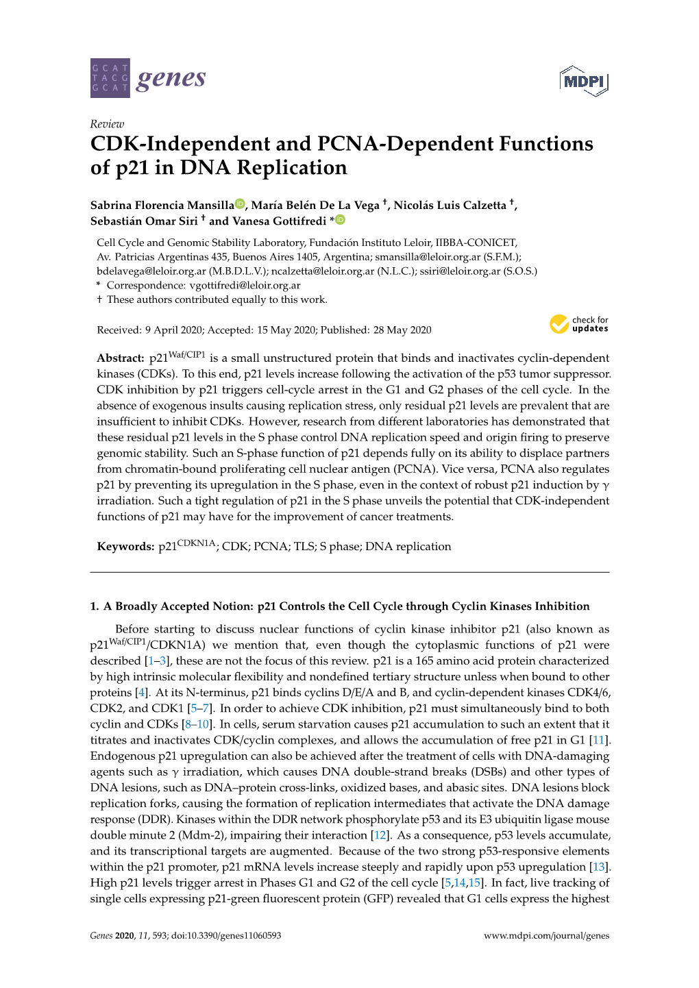 CDK-Independent and PCNA-Dependent Functions of P21 in DNA Replication