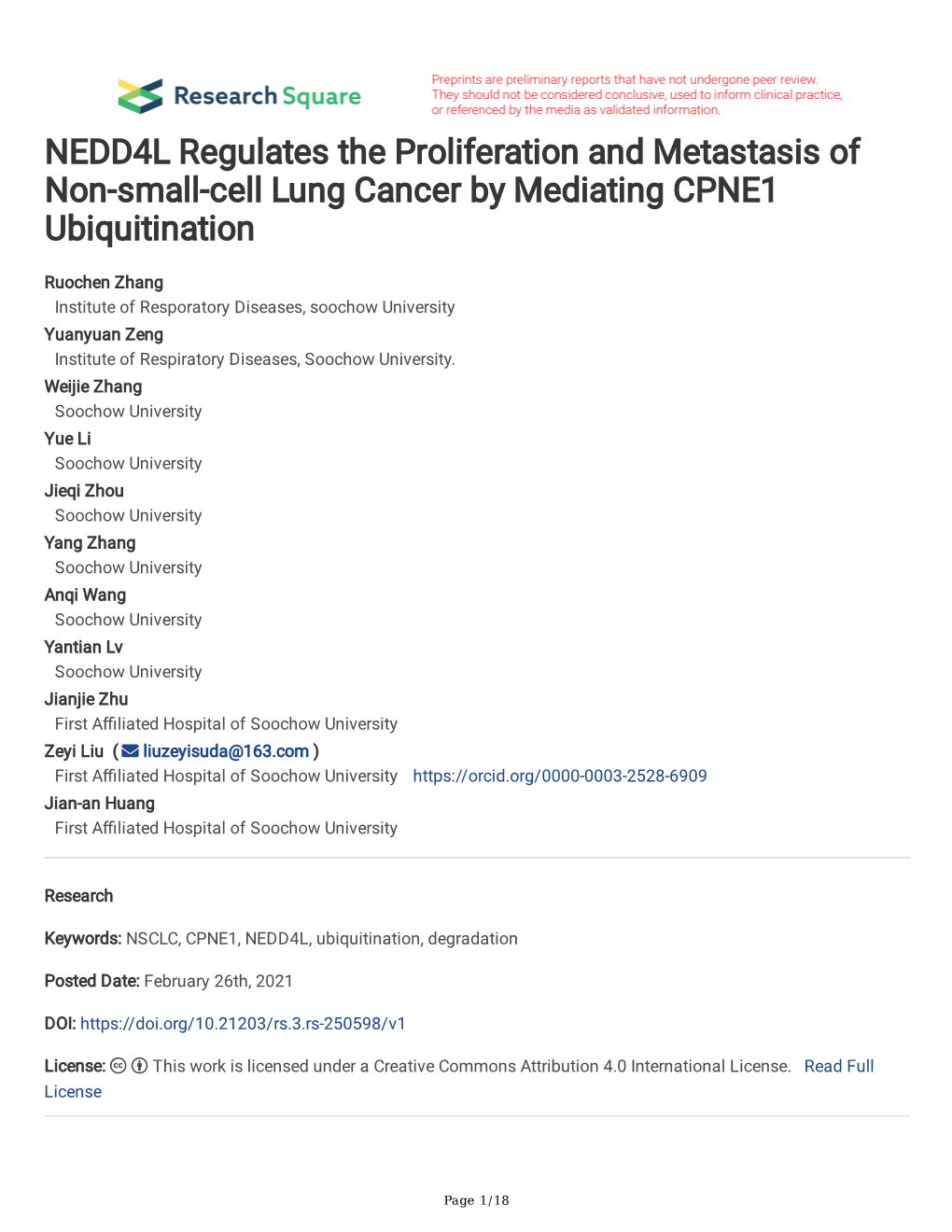 NEDD4L Regulates the Proliferation and Metastasis of Non-Small-Cell Lung Cancer by Mediating CPNE1 Ubiquitination