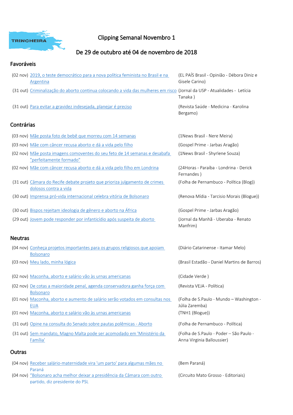 Clipping Semanal Novembro 1 De 29 De Outubro Até 04 De Novembro De