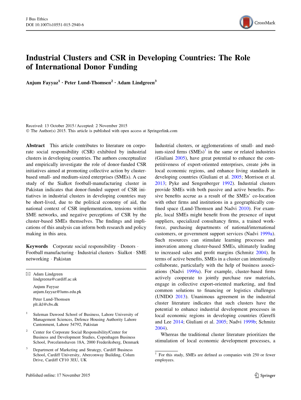 Industrial Clusters and CSR in Developing Countries: the Role of International Donor Funding