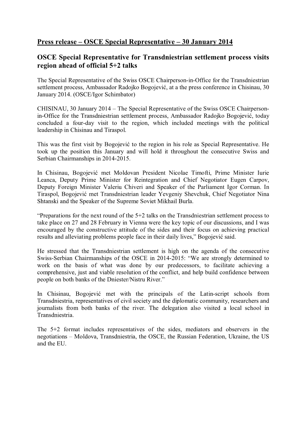 30 January 2014 OSCE Special Representative for Transdniestrian