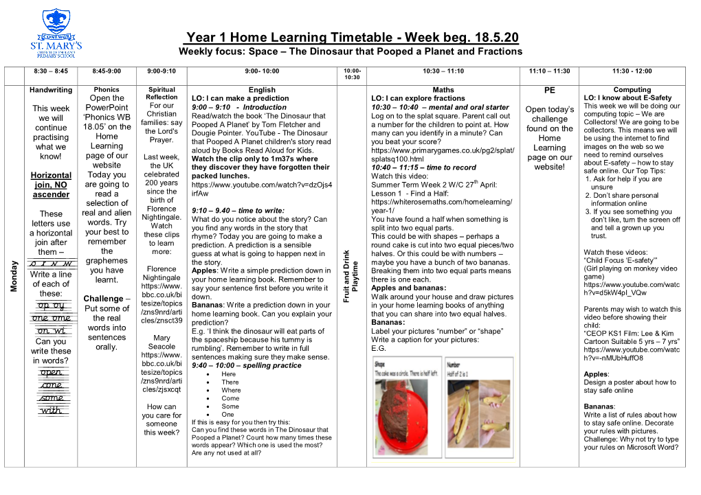 Year 1 Home Learning Timetable - Week Beg
